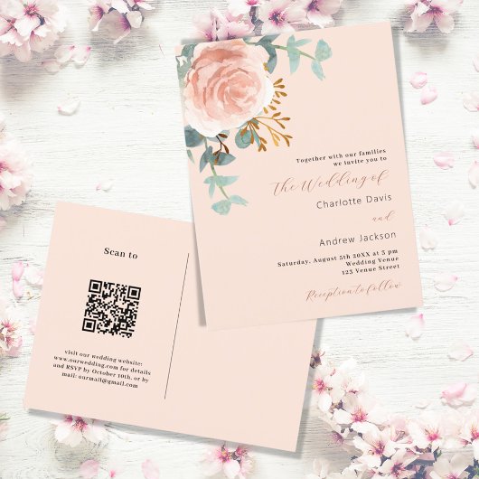 Roos gouden bloemen groen perzik QR RSVP bruiloft Uitnodiging Briefkaart