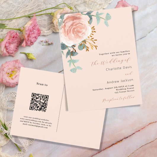 Roos gouden bloemen groen perzik QR RSVP bruiloft Uitnodiging Briefkaart