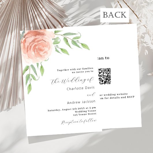 Roos gouden bloemen groen QR code RSVP bruiloft Kaart