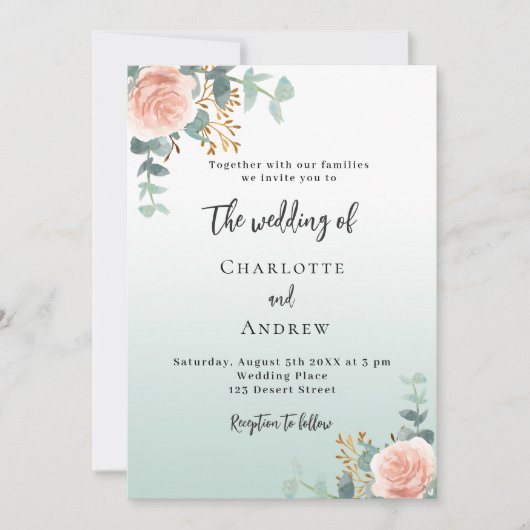 Roos gouden bloemen groene bruiloft kaart (Voorkant)