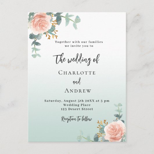 Roos gouden bloemen groene bruiloft uitnodiging briefkaart (Voorkant)