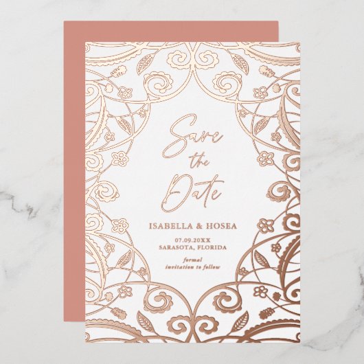  Roos Gouden Bloemen Kant Bruiloft Folie Uitnodiging (Voorkant / Achterkant)