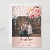 Roos Gouden Bloemen Kant Trouwfoto Dank u kaart (Voorkant)