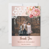 Roos Gouden Bloemen Kant Trouwfoto Dank u kaart (Voorkant)