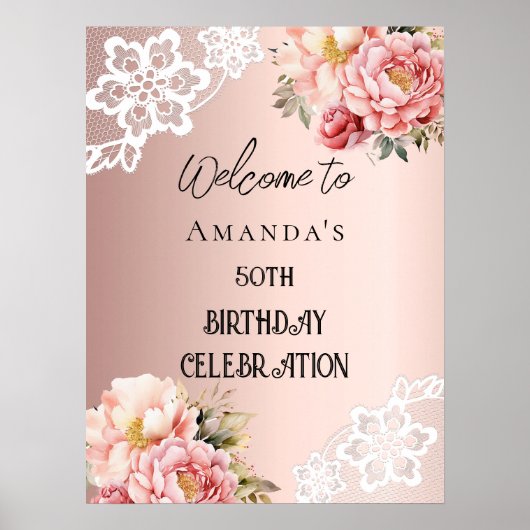 Roos gouden bloemen kant verjaardagsbordje poster (Voorkant)