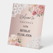 Roos gouden bloemen kant verjaardagsbordje reclamebord met voetstuk (Voorkant)