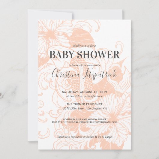 Roos Gouden Bloemen Koi | Uitnodiging voor Baby sh (Voorkant)