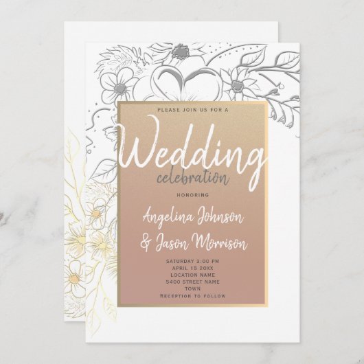 Roos Gouden Bloemen Lijst Huwelijksuitnodiging Kaart (Voorkant / Achterkant)