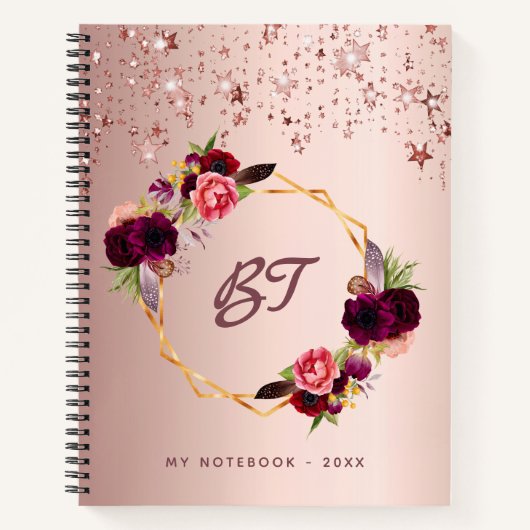 Roos gouden bloemen monogram sterren chic notitieboek (Voorkant)