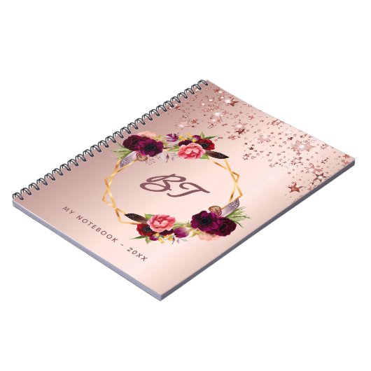 Roos gouden bloemen monogram sterren notitieboek (Linkerzijde)