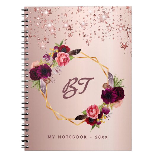 Roos gouden bloemen monogram sterren notitieboek (Voorkant)