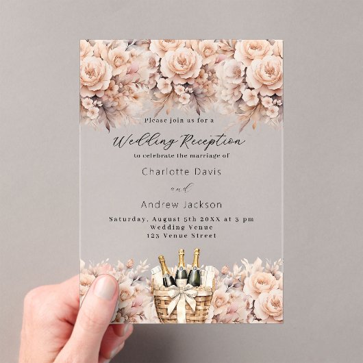 Roos gouden bloemen mousserende wijn bruiloft rece acryl uitnodigingen (Insitu (Draagbaar))