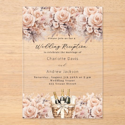 Roos gouden bloemen mousserende wijn bruiloft rece acryl uitnodigingen (Voorkant)