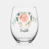 Roos gouden bloemen naam script wijnglas zonder voet (Achterkant)