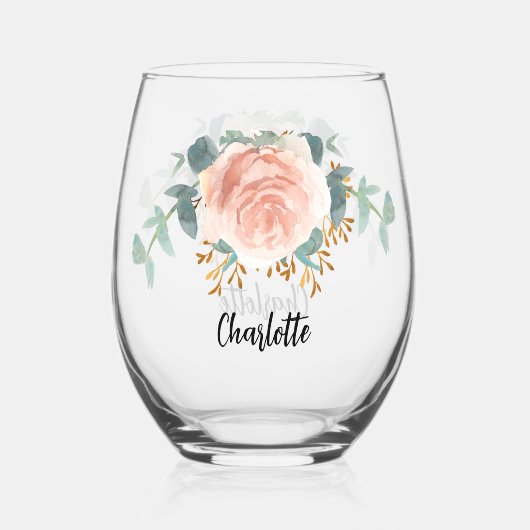 Roos gouden bloemen naam script wijnglas zonder voet (Achterkant)