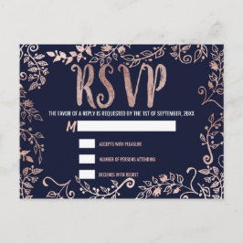 Roos Gouden Bloemen Navy Blue Brush Script RSVP Uitnodiging Briefkaart