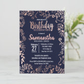 Roos Gouden Bloemen Navy Blue Brush Script Verjaar Kaart (Staand voorkant)