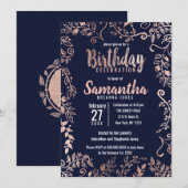 Roos Gouden Bloemen Navy Blue Brush Script Verjaar Kaart (Voorkant / Achterkant)