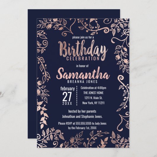 Roos Gouden Bloemen Navy Blue Brush Script Verjaar Kaart (Voorkant / Achterkant)