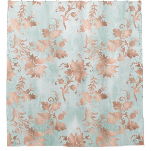 Roos Gouden Bloemen op Distressed Blauwgroen Douchegordijn (Voorkant)