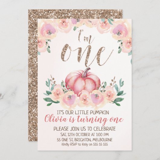 Roos Gouden Bloemen Pompoen 1e Verjaardag Uitnodig Kaart (Voorkant / Achterkant)