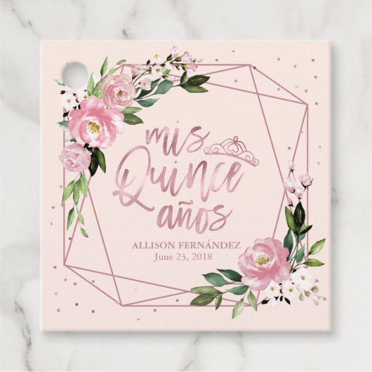 Roos Gouden Bloemen Quinceanera Bedankjes Labels (Voorkant)