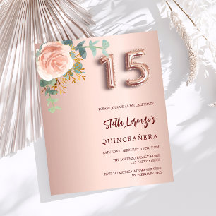 Roos gouden bloemen Quinceanera uitnodiging