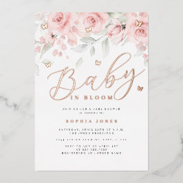 Roos Gouden Bloemen Vlinder Baby in Bloei Folie Uitnodiging