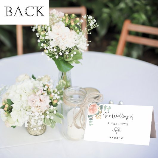 Roos gouden bloemen wit eucalyptus bruiloft plaatskaartje