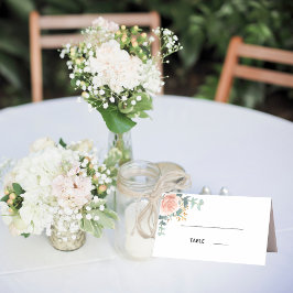 Roos gouden bloemen wit eucalyptus bruiloft plaatskaartje