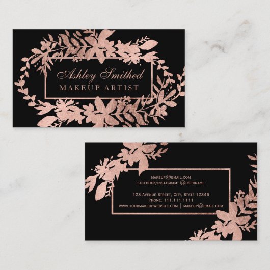 Roos gouden Bloemen zwarte typografie blad make-up Visitekaartje (Voorkant / Achterkant)
