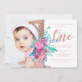 Roos gouden bloemenbrief 1e verjaardag blush foto kaart (Voorkant)