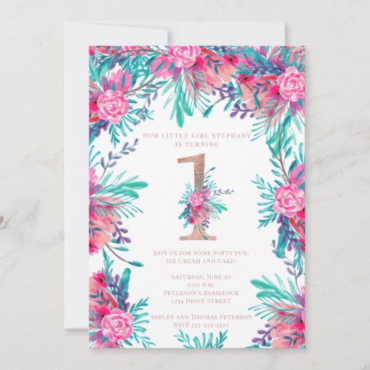 Roos gouden bloemenbrief 1e verjaardag blush roze kaart (Voorkant)