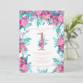 Roos gouden bloemenbrief 1e verjaardag blush roze kaart (Staand voorkant)