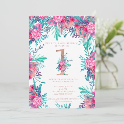 Roos gouden bloemenbrief 1e verjaardag blush roze kaart (Staand voorkant)