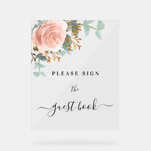 Roos gouden bloemeneucalyptus bruiloft gastenboek acryl bord (Voorkant)