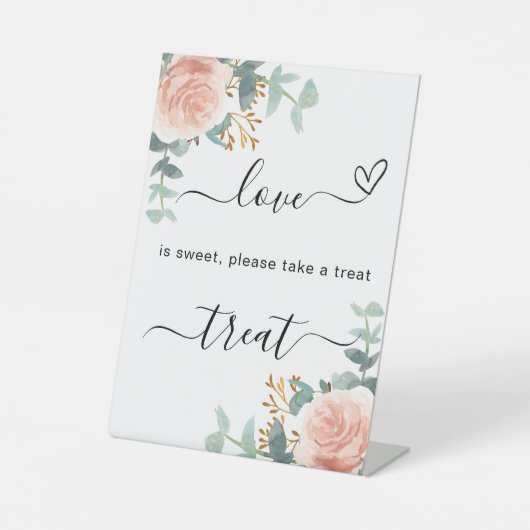 Roos gouden bloemeneucalyptus bruiloft traktatie t reclamebord met voetstuk (Voorkant)