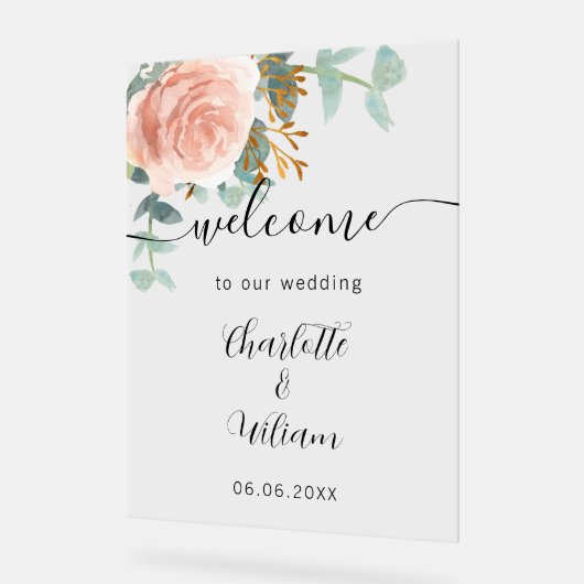 Roos gouden bloemeneucalyptus bruiloft welkom acryl bord (Hoek)