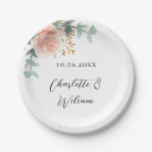 Roos gouden bloemeneucalyptus elegante bruiloft papieren bordje (Voorkant)