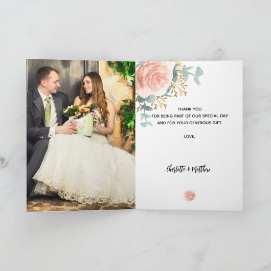 Roos gouden bloemenfoto bruiloft bedankje kaart (Binnen)