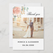 Roos gouden bloemenfoto bruiloft bedankje kaart (Voorkant)