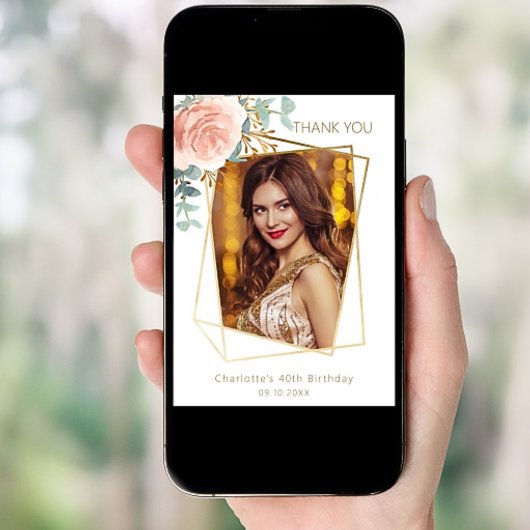 Roos gouden bloemenfoto Verjaardag bedankje Kaart