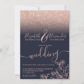 Roos gouden bloemenglitter marineblauw script brui kaart (Voorkant)