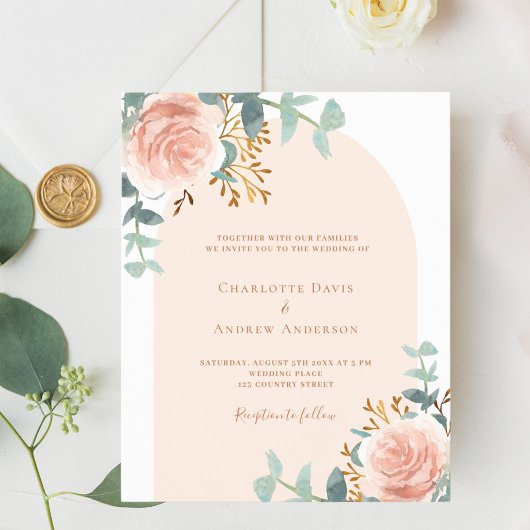 Roos gouden bloemengroen boog huwelijksuitnodiging