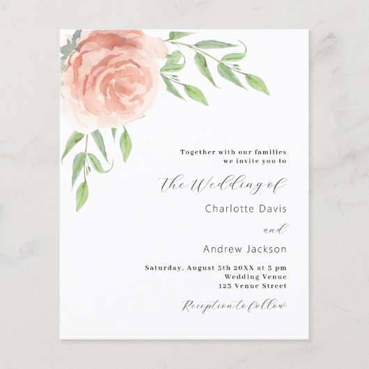 Roos gouden bloemengroen bruiloft uitnodiging (Voorkant)