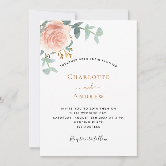 Roos gouden bloemengroen foto bruiloft kaart (Voorkant)