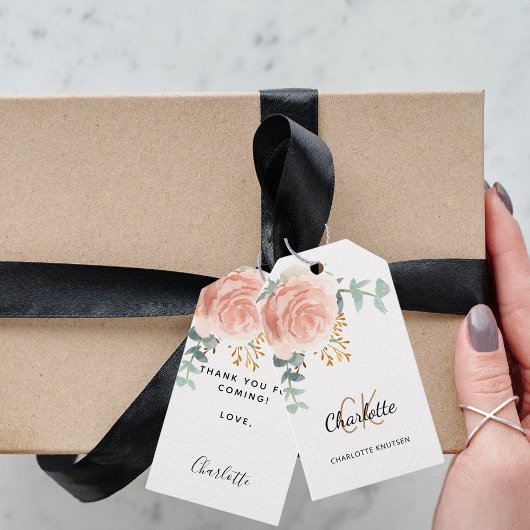 Roos gouden bloemengroen monogram vrijgezellenfees cadeaulabel