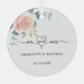 Roos gouden bloemengroen Mr Mrs Heart Wedding Glas Ornament (Voorkant)