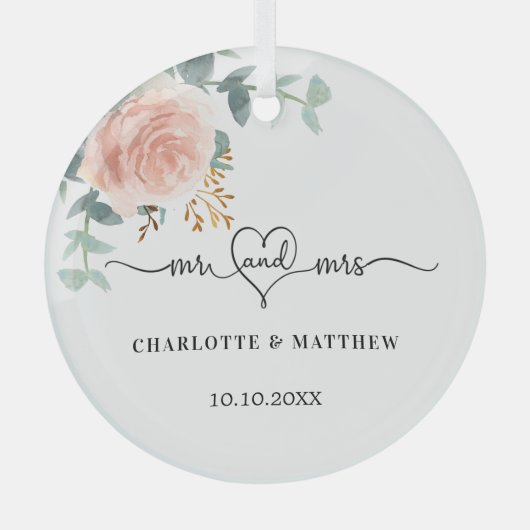 Roos gouden bloemengroen Mr Mrs Heart Wedding Glas Ornament (Voorkant)
