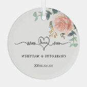 Roos gouden bloemengroen Mr Mrs Heart Wedding Glas Ornament (Achterkant)